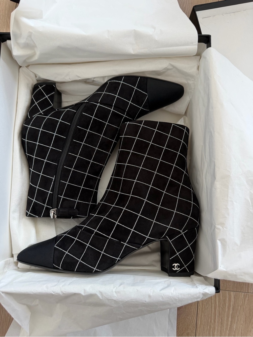 Chanel Black Quilted Ankle Boots with Silver Stitching NWT